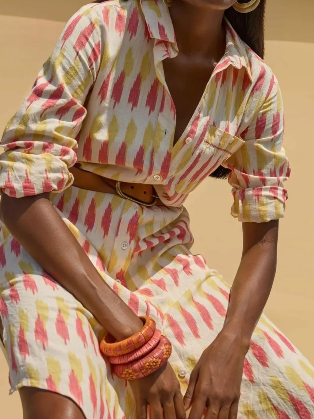 Lilla P Shirt Dress Taffy Ikat Vibrant Pink & Orange On Cream Background Sz S